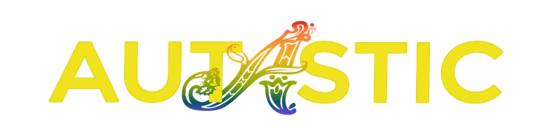 The Autastic wordmark, yellow sans serif text with a rainbow hued olde English A in the middle.